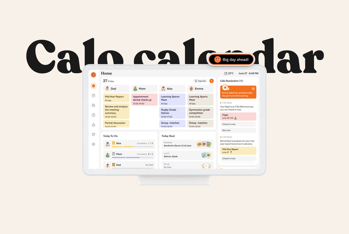 Calo calendar display showing the whole family's schedule, to-dos, meals and reminders in one view